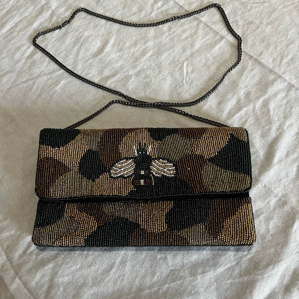 Bee Embellished Camouflage Beaded Wristlet